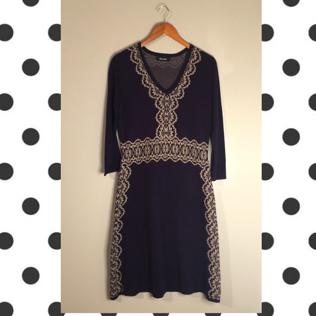 Nine West Medium Warm Knit Dress Navy Lace Design Flattering Well Made Winter
